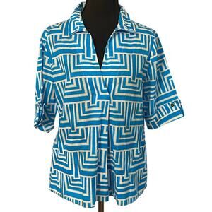 A La‎ Carte Blue White Geometric Linen Cotton Blend Tunic Top SM Coastal Resort